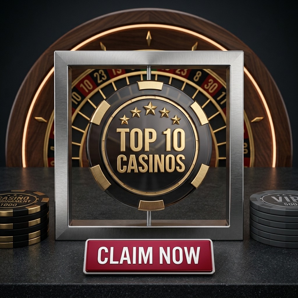 Swiss Social Games: a Top 10 Casinos chip in a metal frame with a Claim Now sign, roulette wheel and chips.